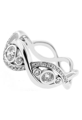 Twist Style Right Hand Fashion Ring with Bezel and Prong Set Diamond Rounds in 18K White Gold
