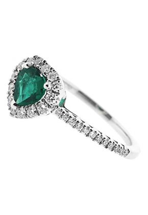 Heart Shaped Emerald Ring with Diamond Halo in 18K White Gold