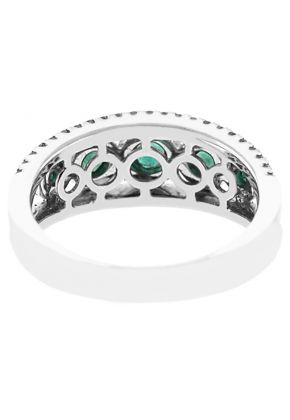5 Stone Emerald Split Shank Ring with Diamond Halos and Diamonds Along Border in 18K White Gold