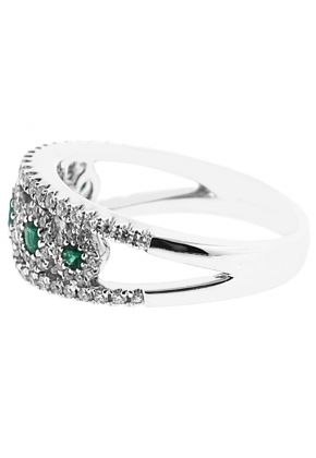 5 Stone Emerald Split Shank Ring with Diamond Halos and Diamonds Along Border in 18K White Gold