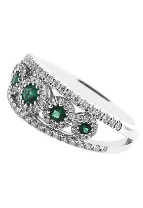 5 Stone Emerald Split Shank Ring with Diamond Halos and Diamonds Along Border in 18K White Gold