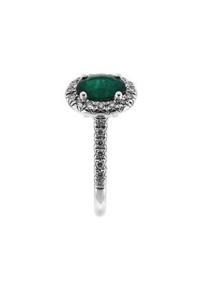 Emerald Right Hand Fashion Ring with Diamond Rounds Halo in 18K White Gold