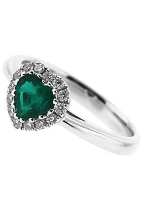 Right Hand Fashion Ring with Heart Shaped Emerald Surrounded by Diamond Halo in 18K White Gold