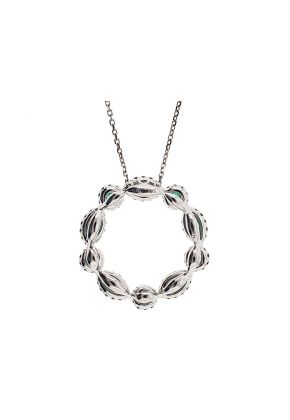 Circular Fancy Pendant with Emeralds and Diamond Halos in 18K White Gold