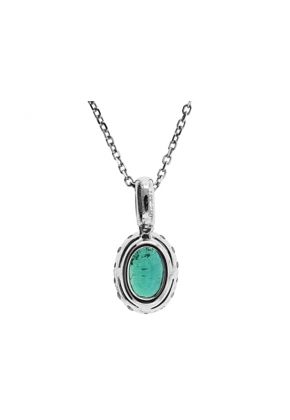 Solitaire Oval Emerald Pendant with Diamond Halo Set in 18K White Gold