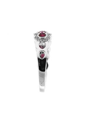 7 Stone Ruby Ring with Wavy Border of Beaded Milgrain and Diamond Rounds in 18K White Gold