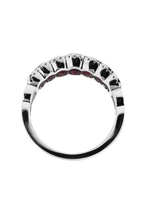 7 Stone Ruby Ring with Wavy Border of Beaded Milgrain and Diamond Rounds in 18K White Gold