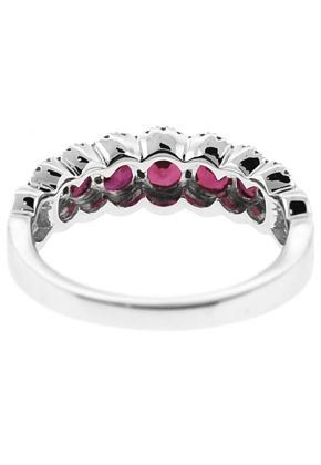 7 Stone Ruby Ring with Wavy Border of Beaded Milgrain and Diamond Rounds in 18K White Gold