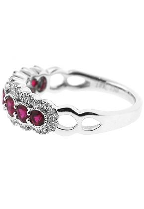 7 Stone Ruby Ring with Wavy Border of Beaded Milgrain and Diamond Rounds in 18K White Gold