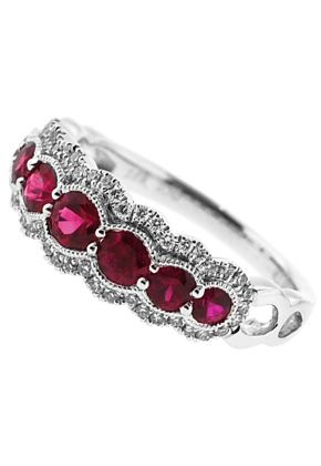 7 Stone Ruby Ring with Wavy Border of Beaded Milgrain and Diamond Rounds in 18K White Gold