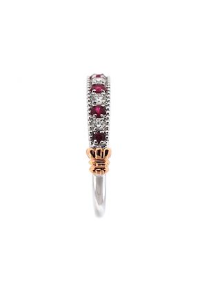 Two Tone Ruby and Diamond Single Row Band with Beaded Milgrain Border Set in 18K White and Rose Gold