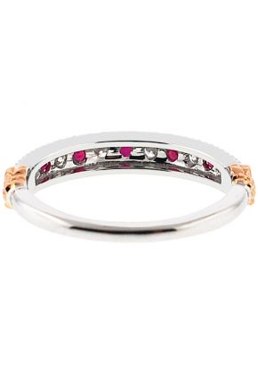 Two Tone Ruby and Diamond Single Row Band with Beaded Milgrain Border Set in 18K White and Rose Gold