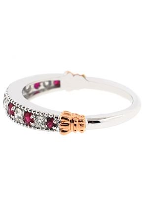Two Tone Ruby and Diamond Single Row Band with Beaded Milgrain Border Set in 18K White and Rose Gold