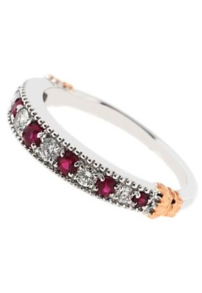 Two Tone Ruby and Diamond Single Row Band with Beaded Milgrain Border Set in 18K White and Rose Gold