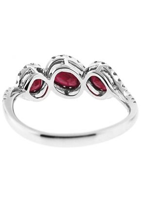 3 Stone Ruby Twist Ring with Diamond Rounds Set in 18K White Gold