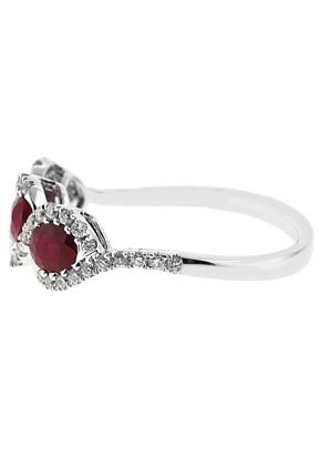 3 Stone Ruby Twist Ring with Diamond Rounds Set in 18K White Gold