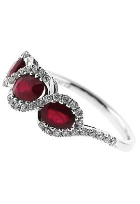 3 Stone Ruby Twist Ring with Diamond Rounds Set in 18K White Gold