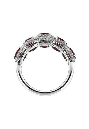 Ruby 5 Stone Right Hand Fashion Ring with Diamond Rounds in 18K White Gold