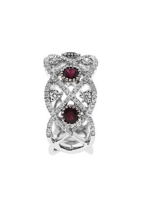 Right Hand Fashion Ring with Rubies Surrounded by Beaded Milgrain and Diamond Rounds in 18K White Gold