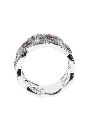 Right Hand Fashion Ring with Rubies Surrounded by Beaded Milgrain and Diamond Rounds in 18K White Gold
