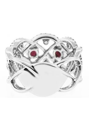 Right Hand Fashion Ring with Rubies Surrounded by Beaded Milgrain and Diamond Rounds in 18K White Gold