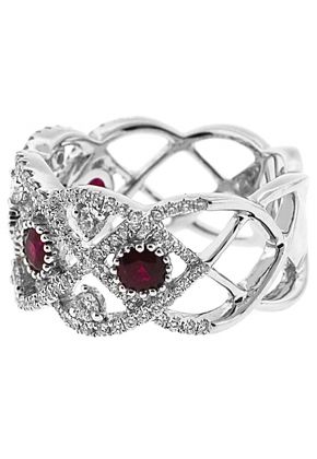 Right Hand Fashion Ring with Rubies Surrounded by Beaded Milgrain and Diamond Rounds in 18K White Gold