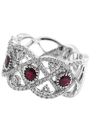 Right Hand Fashion Ring with Rubies Surrounded by Beaded Milgrain and Diamond Rounds in 18K White Gold