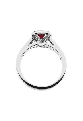 Right Hand Fashion Ring with Ruby Center Bordered by Beaded Milgrain and Diamond Halo in 18K White Gold