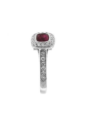 Right Hand Fashion Ring with Ruby Center Bordered by Beaded Milgrain and Diamond Halo in 18K White Gold