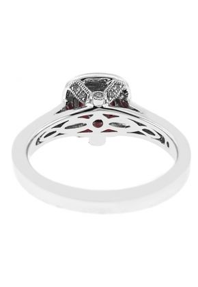 Right Hand Fashion Ring with Ruby Center Bordered by Beaded Milgrain and Diamond Halo in 18K White Gold