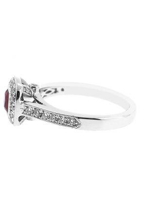 Right Hand Fashion Ring with Ruby Center Bordered by Beaded Milgrain and Diamond Halo in 18K White Gold