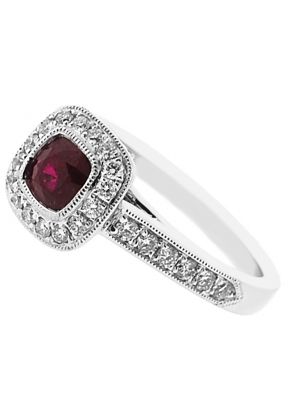 Right Hand Fashion Ring with Ruby Center Bordered by Beaded Milgrain and Diamond Halo in 18K White Gold