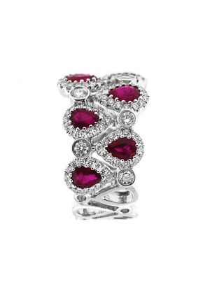 Right Hand Fashion Ring with Pear Shaped Rubies and Bezel Set Diamond Rounds in 18K White Gold