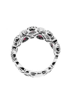 Right Hand Fashion Ring with Pear Shaped Rubies and Bezel Set Diamond Rounds in 18K White Gold