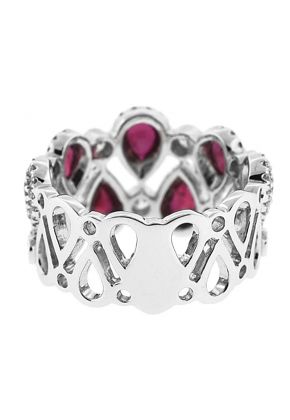 Right Hand Fashion Ring with Pear Shaped Rubies and Bezel Set Diamond Rounds in 18K White Gold