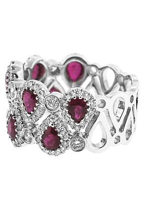 Right Hand Fashion Ring with Pear Shaped Rubies and Bezel Set Diamond Rounds in 18K White Gold