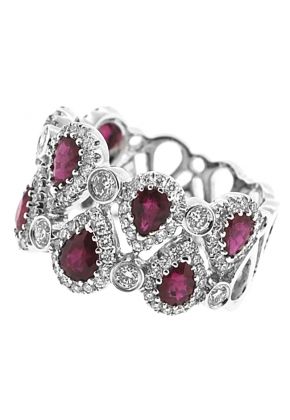 Right Hand Fashion Ring with Pear Shaped Rubies and Bezel Set Diamond Rounds in 18K White Gold
