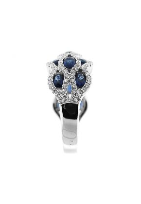 Wavy Style Right Hand Fashion Ring with Sapphires Surrounded by Diamonds in 14K White Gold