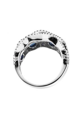 Wavy Style Right Hand Fashion Ring with Sapphires Surrounded by Diamonds in 14K White Gold