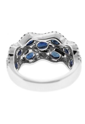 Wavy Style Right Hand Fashion Ring with Sapphires Surrounded by Diamonds in 14K White Gold