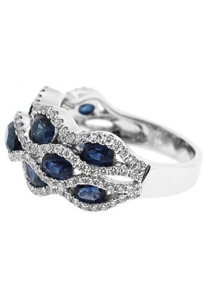 Wavy Style Right Hand Fashion Ring with Sapphires Surrounded by Diamonds in 14K White Gold