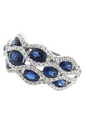 Wavy Style Right Hand Fashion Ring with Sapphires Surrounded by Diamonds in 14K White Gold