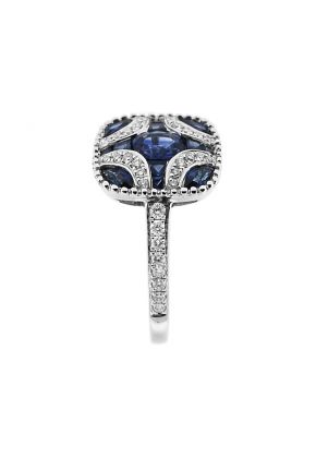 Square Sapphire Right Hand Fashion Ring with Diamond Rounds and Beaded Milgrain Set in 18K White Gold