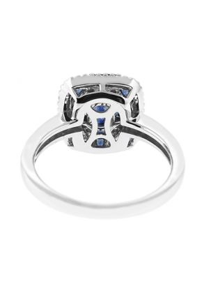 Square Sapphire Right Hand Fashion Ring with Diamond Rounds and Beaded Milgrain Set in 18K White Gold