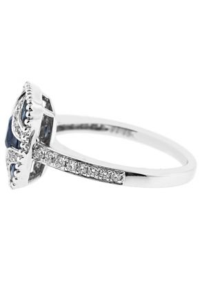 Square Sapphire Right Hand Fashion Ring with Diamond Rounds and Beaded Milgrain Set in 18K White Gold