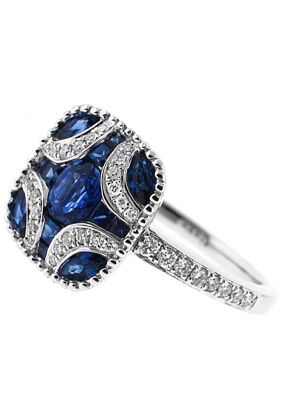 Square Sapphire Right Hand Fashion Ring with Diamond Rounds and Beaded Milgrain Set in 18K White Gold
