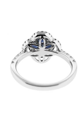 Clover Design Sapphire Ring with Double Diamond Halo in 18K White Gold