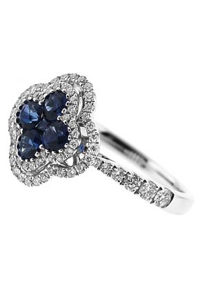 Clover Design Sapphire Ring with Double Diamond Halo in 18K White Gold