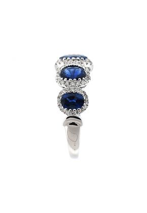 5 Stone Sapphire Ring with Diamond Halos on Each in 18K White Gold
