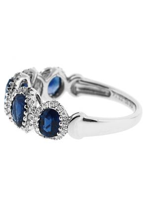 5 Stone Sapphire Ring with Diamond Halos on Each in 18K White Gold